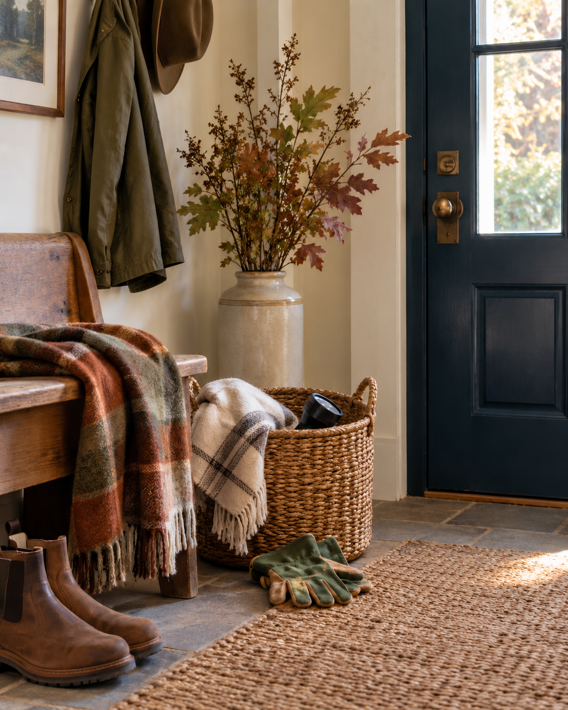 A calm fall entry with blankets, a flashlight, garden gloves, boots, and an indigo door