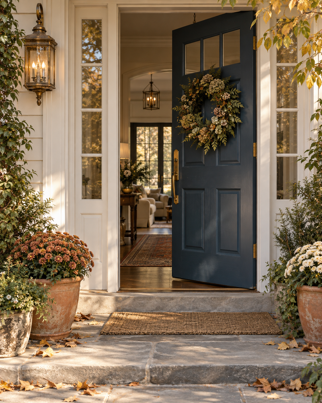 An open indigo front door welcoming visitors into a warm home in early autumn