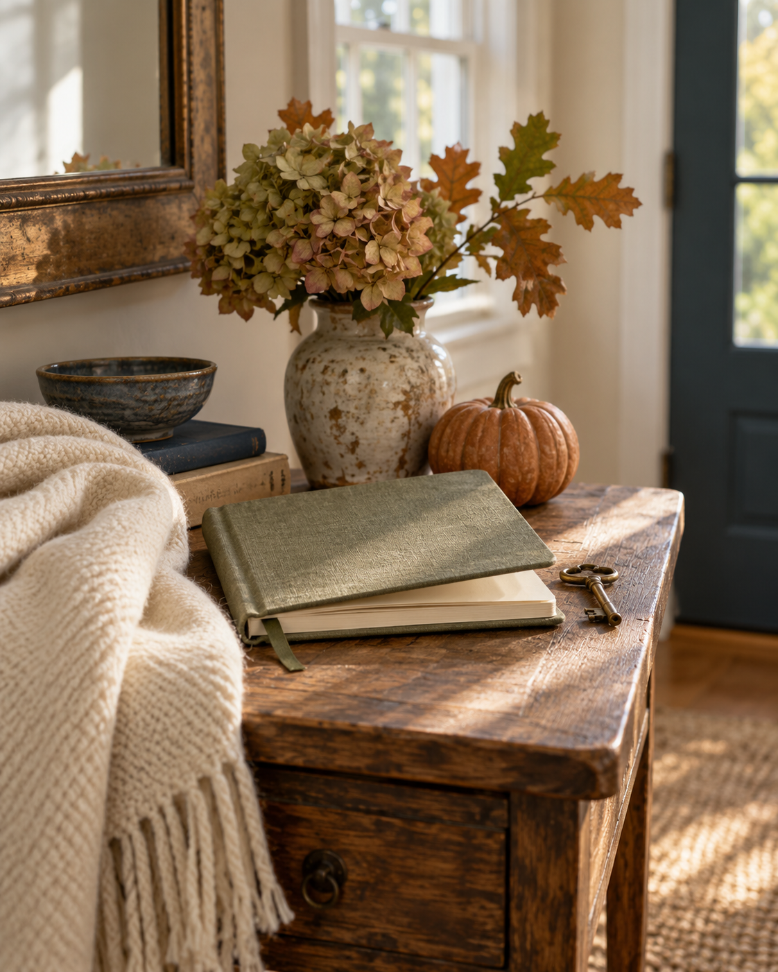 An olive journal, antique key, folded throw, faded hydrangeas, and autumn leaves in a softly lit home
